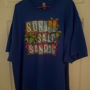 Gildan Blue Short Sleeve Tee with Sun and Palm Design